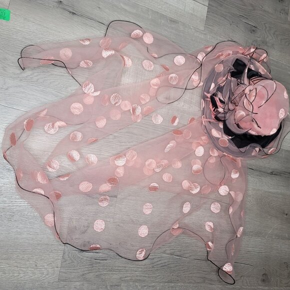Junes young Elegant Pink Polka Dot Sheer Hat & Cape Set vintage derby elegant main image 4